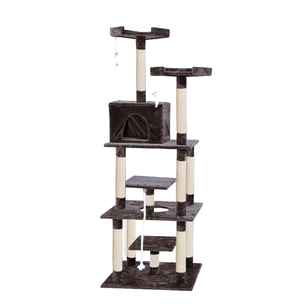 PaWz 1.98M Cat Scratching Post Tree Gym in dark brown, featuring multi-level platforms, sisal-wrapped posts, and plush covering for cat comfort.